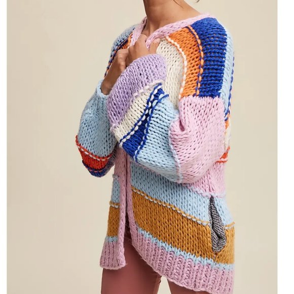 NWT Hand Knit Multi Striped Cardigan Sweater - Picture 3 of 5